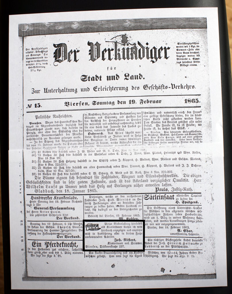Offizielle Gründungsanzeige von Piano-Nisters, 19. Februar 1865
